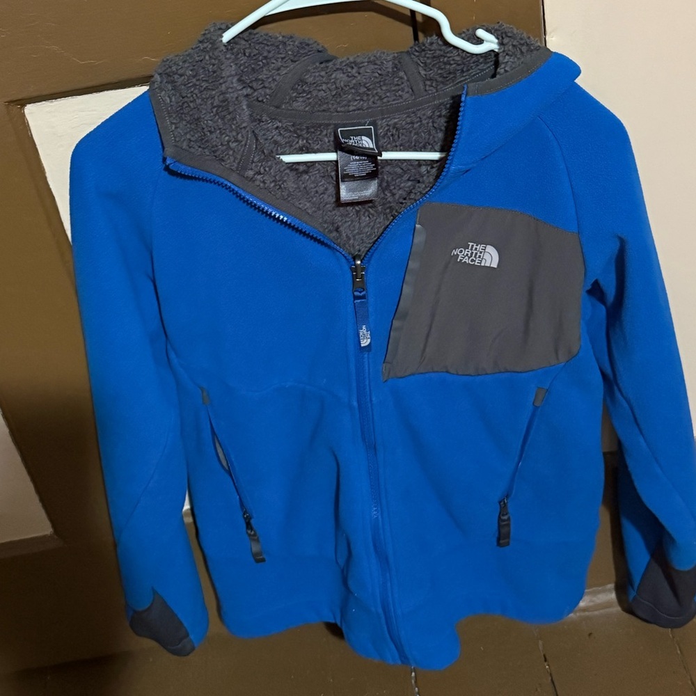 The North Face Kids Blue Fleece Hoodie with Gray Chest Panel